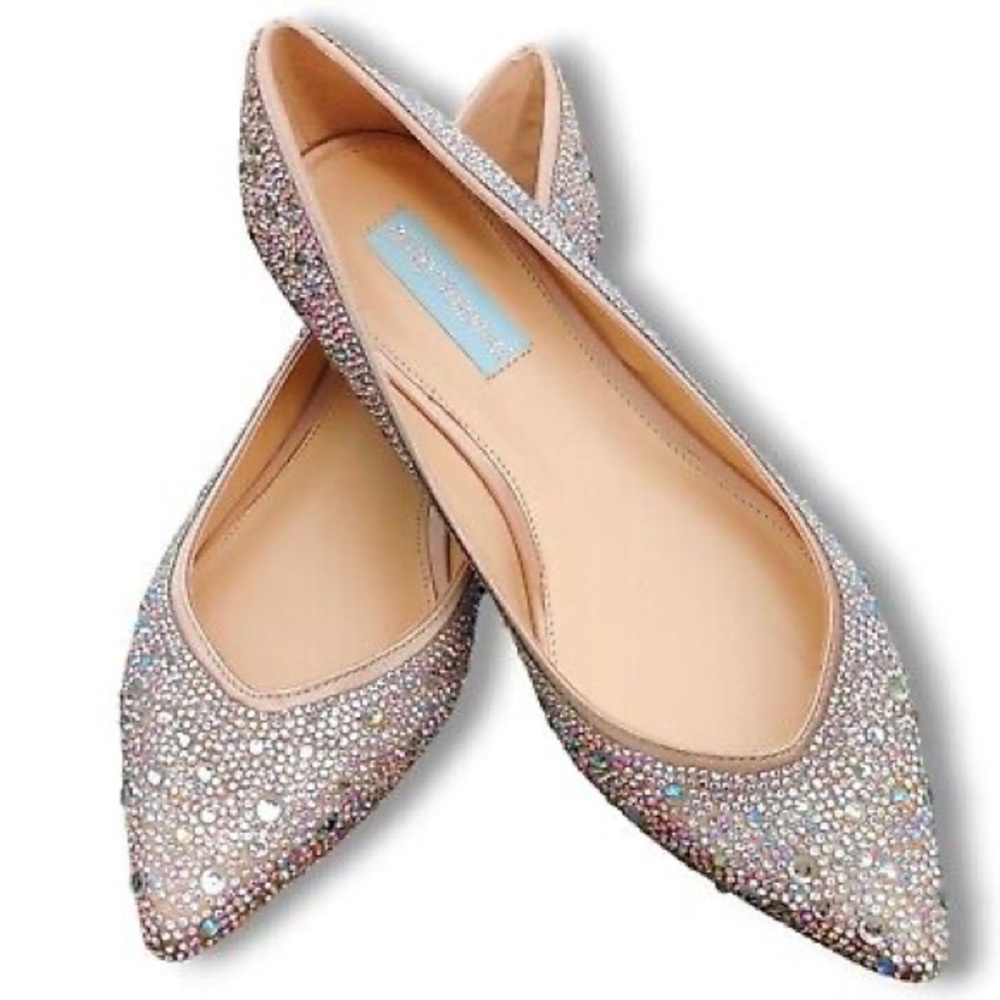 NWOT Betsey Johnson Women's Jude Pointed Flats Rhinestone Nude Satin Size 8